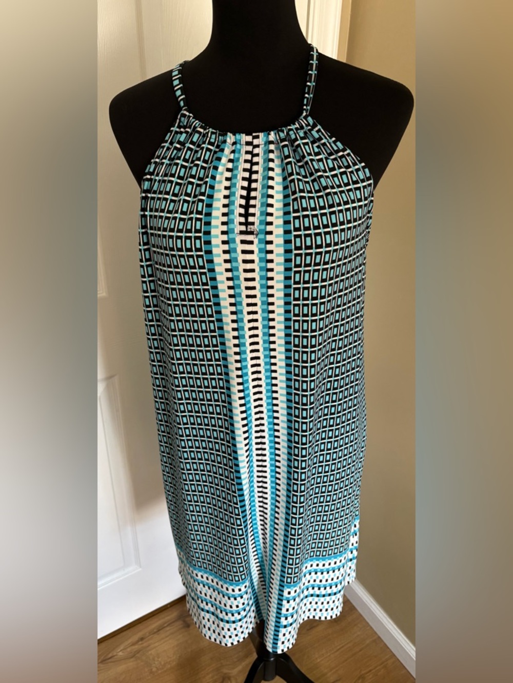 Max Edition Turquoise, Black and White Geometric Halter Dress